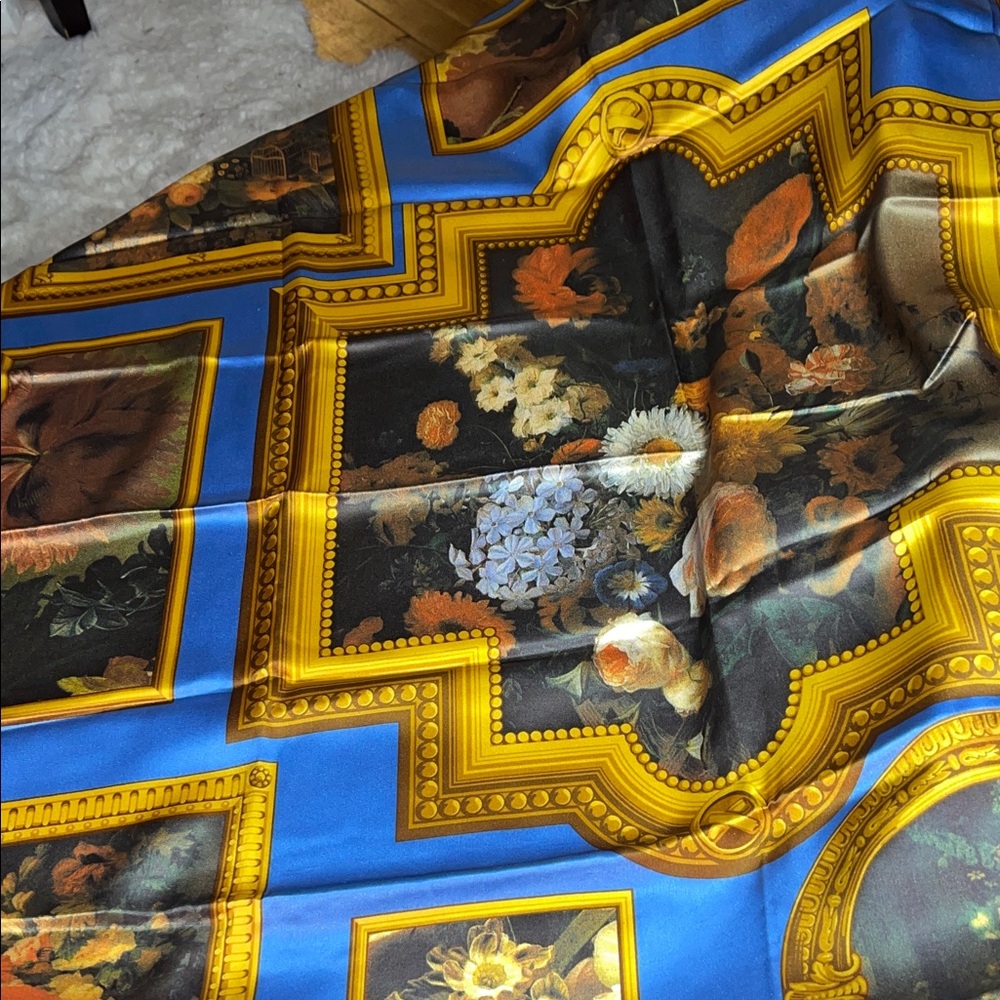 Paloma Picasso Blue and Gold Floral Scarf